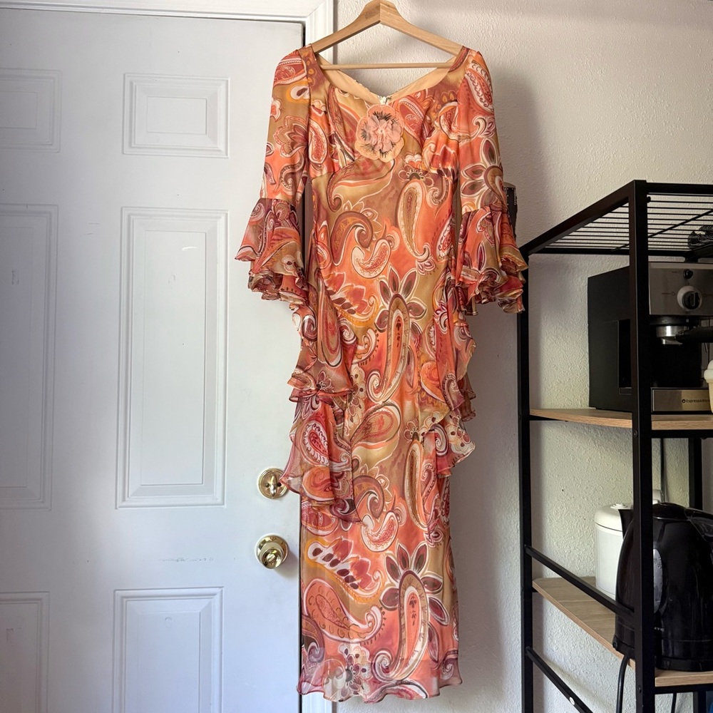 NO‎ BRAND multicolor floral paisley rosette ruffle bell sleeve fairy midi dress